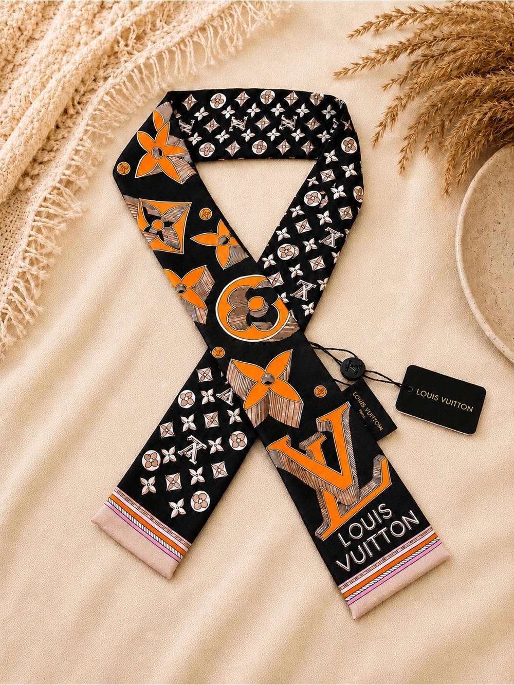 Designer Inspired 100% Silk Twilly Scarf | Black & Orange Scarf |